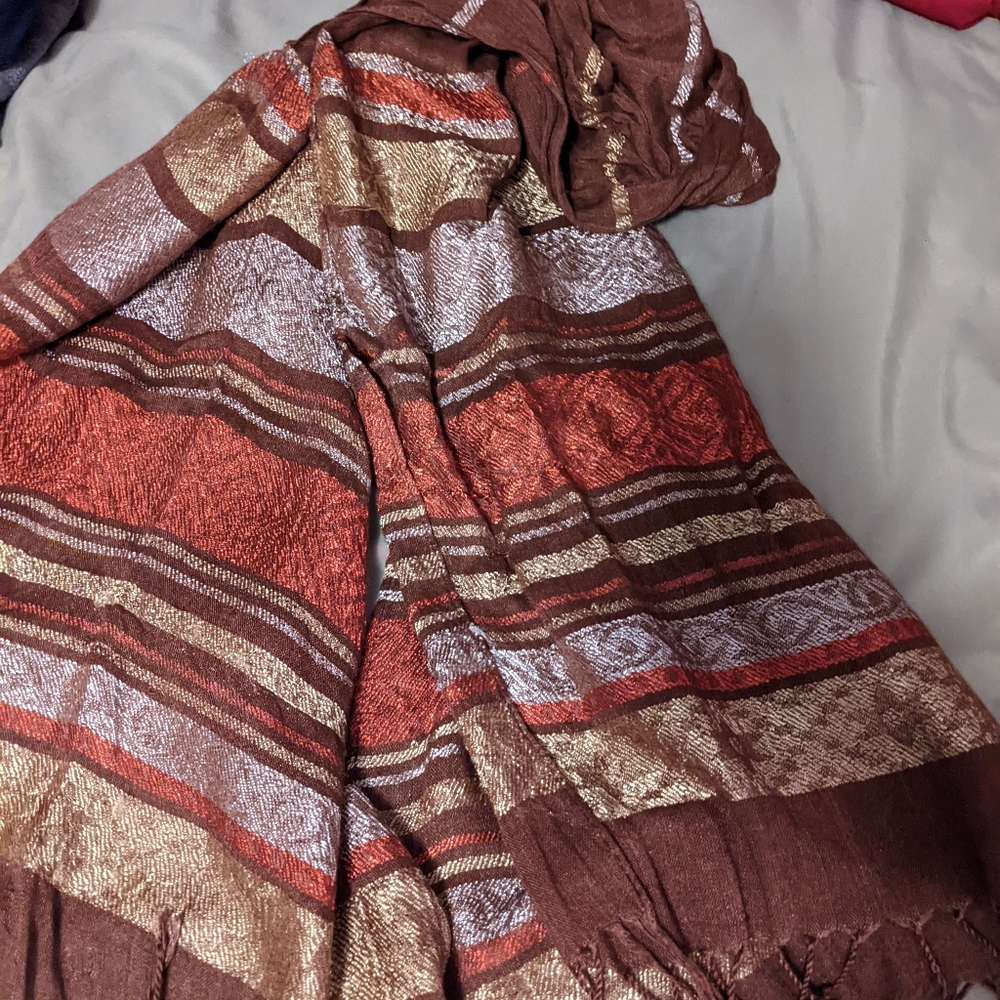 Brown scarf with gold and cream accents